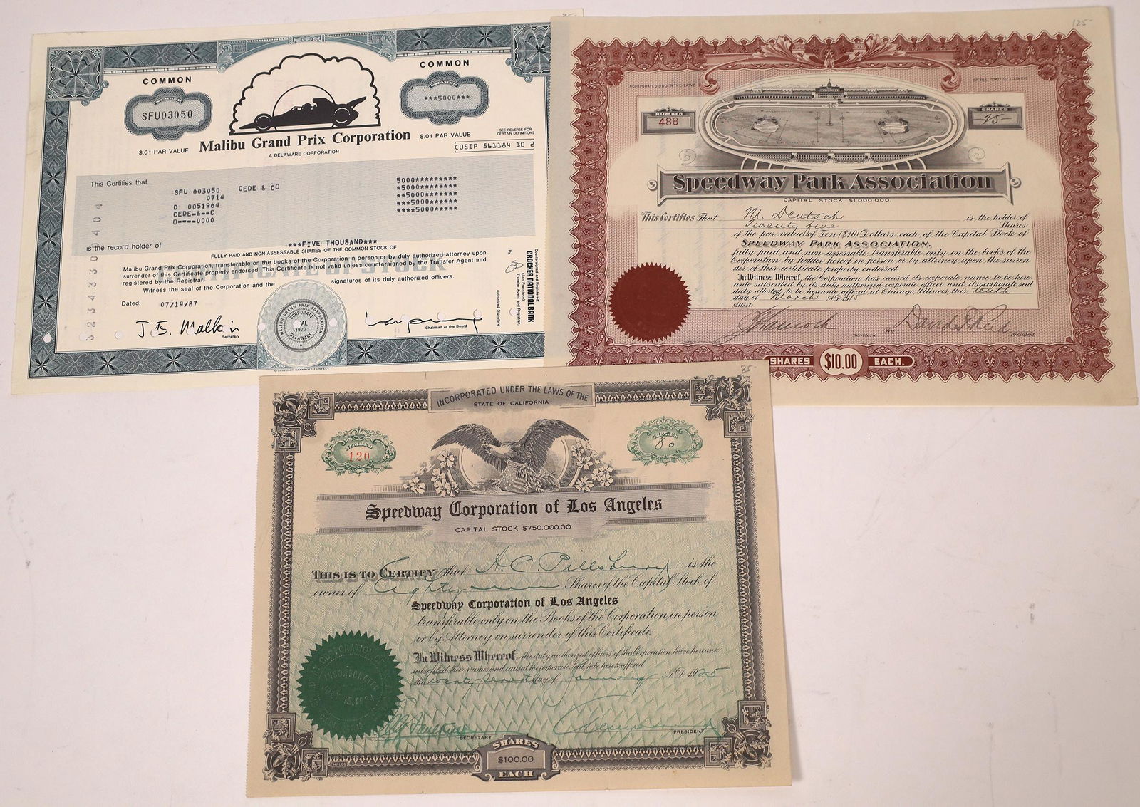 Racetrack Stock Certificate Trio  [113820] (1 of 1)