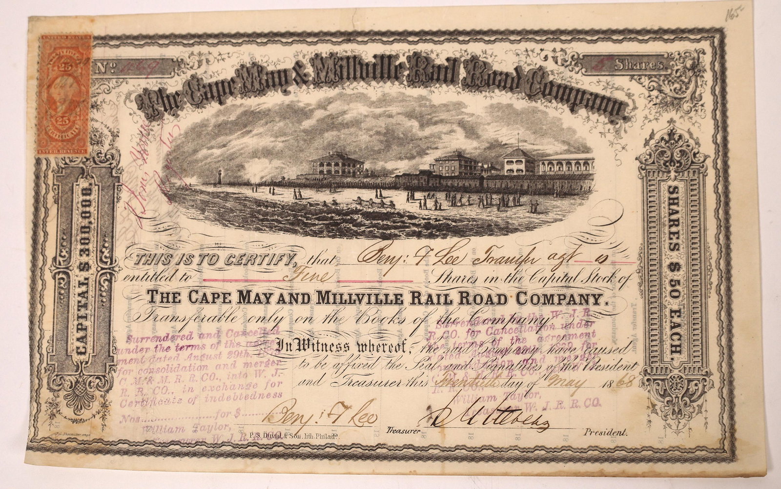 Cape May & Millville Railroad Company Stock Certificate: Stunning. Cert. number 469, issued for 5 shares to Ben. Lee in 1868. Signed by president Stebers(?) and treasurer Lee. Pen and stamp cancelled. Fancy black border and print, and large detailed vignett