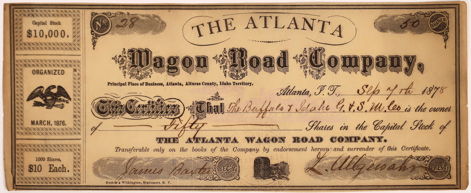 Atlanta (Idaho Territory) Wagon Road Company Stock (1 of 1)