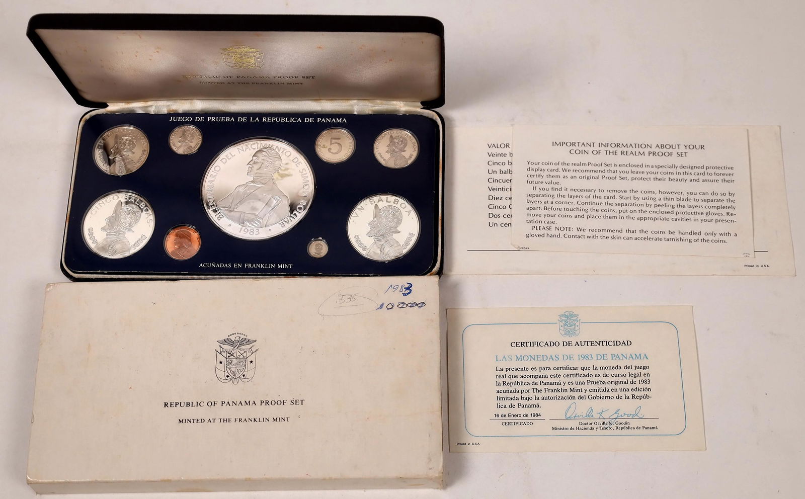 Panama Proof Set 1983 [144893]: Rarest of the modern proof sets from Panama. In original case with the Spanish and English paperwork. Produced by the Franklin Mint. Nine coins. Date: 1983Country (if not USA): PanamaState: City: Prov