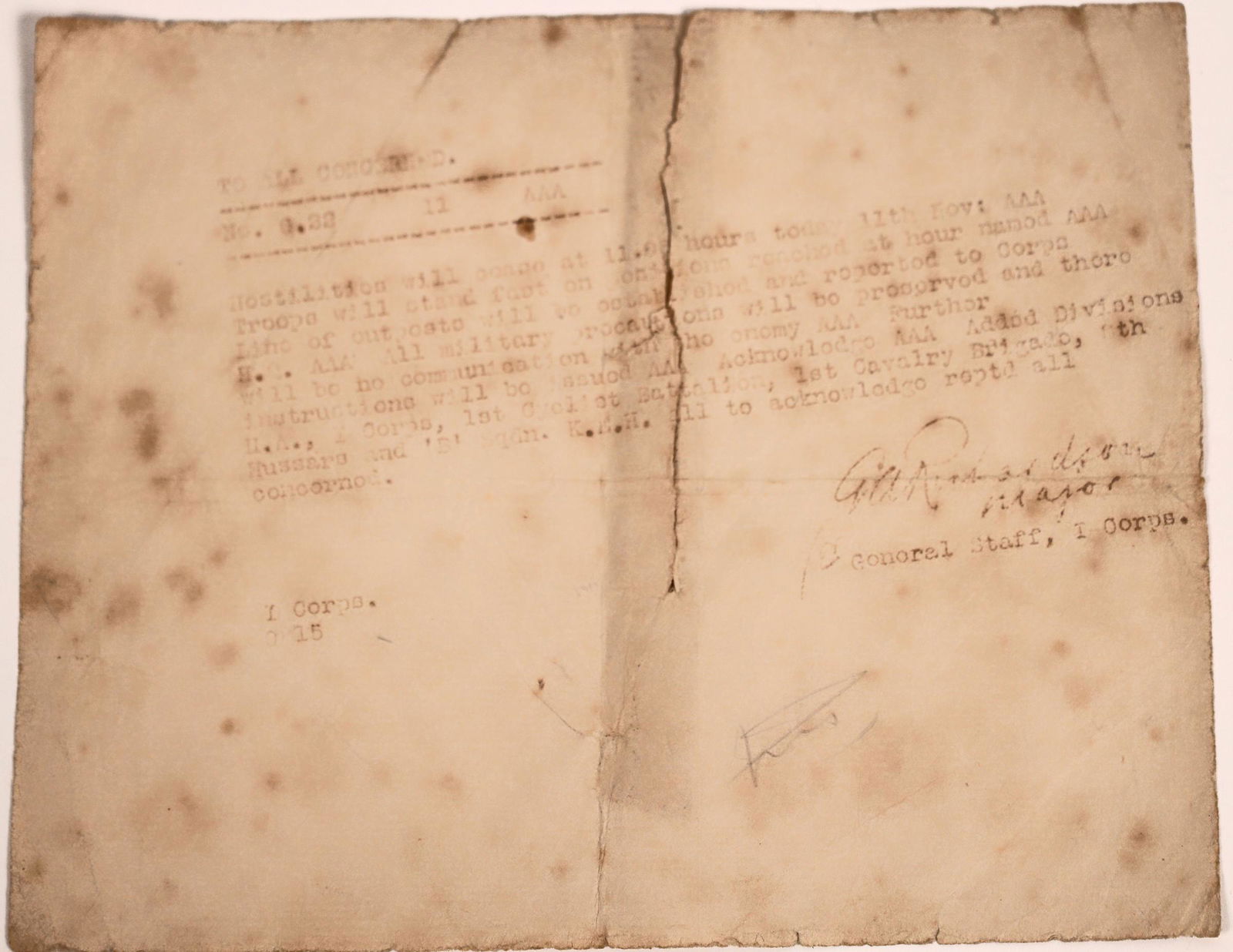 Cease Fire Notice w/ Signature, WW I  [145288] (1 of 1)