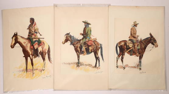 Art Prints by Remington (4) and Russell (2) [146429]: Fine art prints by two famous Western artist, Frederic Remington (1861-1909) and Charles M. Russell (1864-1926). REMINGTON: A Trapper, Army Packer, Sioux Chief, and A Breed; RUSSELL: Indian Fight 