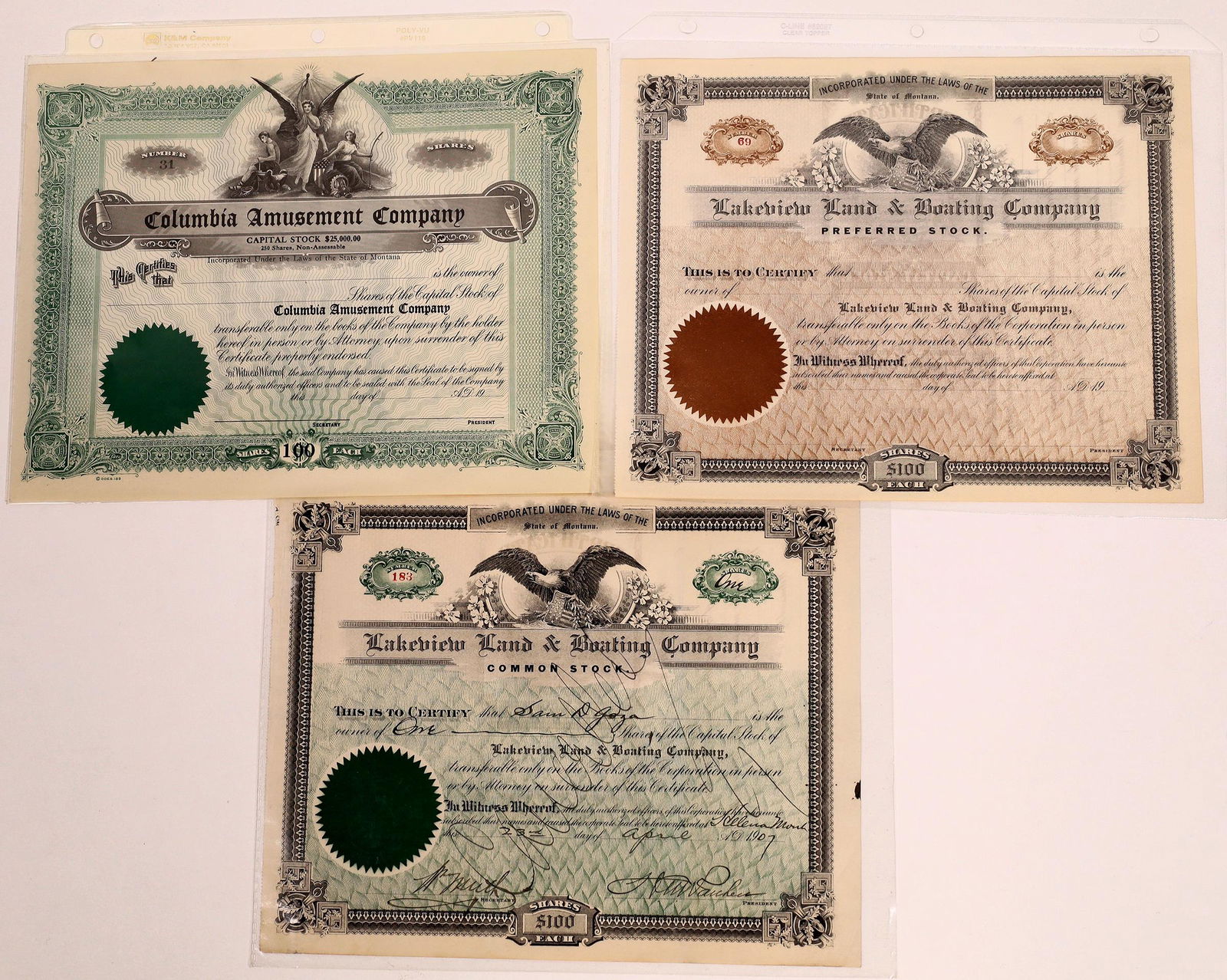 Montana Boat & Amusement Company Stock Certificates (3) (1 of 1)