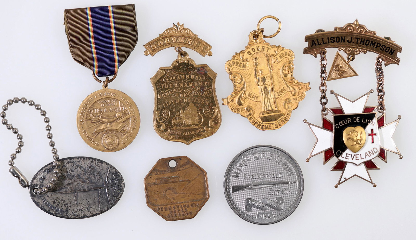 Medal Collection [144880]: Lot of seven pieces. 1) American Legion School Award "For God and Country;" 2) 1946 Pennsylvania Super Highway medal; 3) Allison J. Thompson Coeur De Lion / Cleveland; red, black and white enamel. 4) 