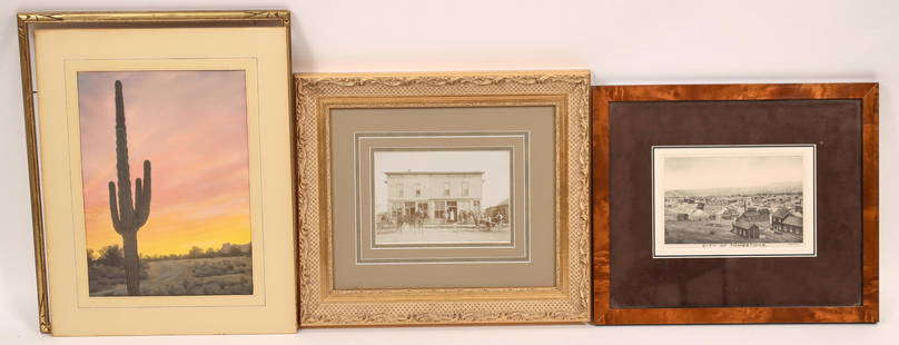 Arizona Framed Pictures (3) [146701]: Lot of 3 matted and framed images, all under glass, likely all of scenes taken in Arizona. (1) unidentified b&w photo of street scene in front of 2-story wood building, horse-drawn carriages out