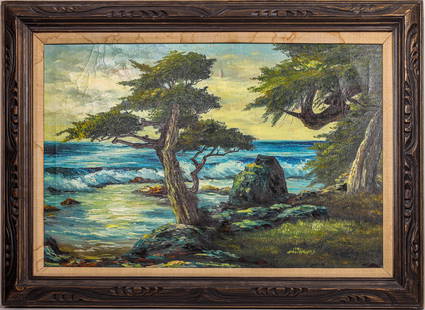 Pacific Coast Original Oil Painting, Signed by Artist [142406]: Cyprus Trees by the Pacific OceanBeautifully painted oil on canvas by Mason (signed Mason). We have not been successful in finding info about the painter. Vivid colors of a California central coastal