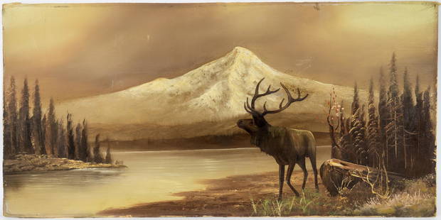 Western Paintings of Elk in Montana Rockies (2) [148663]: Two paintings of elk w/Montana Rockies backdrop. Oil on board, c. 1910, size 31 1/2" x 15 3/4", unsigned; other is "close-up" of elk, 19th century, 20" x 15 3/4", damaged. City: State:Montana 