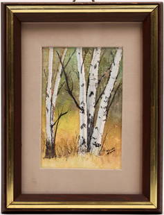 Aspen Watercolor by Wanda McNair, Framed [148537]: Nice framed watercolor of aspens by Fallon, NV artist Wanda McNair, 1925-2007. Frame 8.25x6", painting 4.75x3". Can tab holder. City: State:Nevada Date: