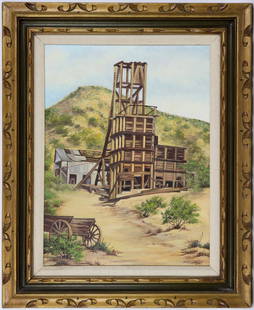 Mine Headframe Painting by Frye [148538]: Framed painting of an unknown mine headframe, probably Nevada, by unlisted artist Mildred Frye. Frame 32x26", painting 23.5x17.25". City: State:Nevada Date: