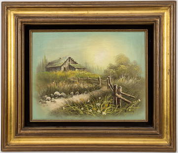 Pastoral Nevada Painting by R. Lucks [133291]: Painting of barn, meadow, trail and wooden fencing by unlisted Nevada painter R. Lucks. Mounted and framed but not under glass. Framed dimensions 24+ x 20". Image dimensions 15 1/2" x 11 1/2". 