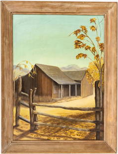 Frontier Days Painting by Anna M. Tucker [133272]: Painting of wooden home & barn w/fence posts in foreground titled Frontier Days, signed by unlisted Nevada artist Anna Tucker (Anna M. Tucker written on back), dated 1960. Mounted within wooden