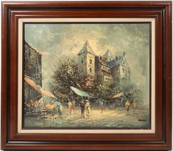 International City Art Trio (3) [146559]: Lot of 3 art pieces. 1.) Framed oil, 28 x 32" signature by artist Begomer 2.) 2 Framed prints 18 x15" signature difficult to read, Bergtold Maton? 1933. A great trio of international cities. City: