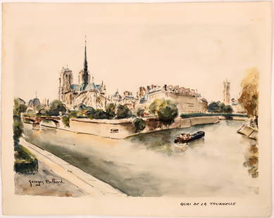 Paris / Notre Dame Watercolor by Georges Bittard-Original Artwork [146940]: Original watercolor painting of Paris by Georges Bittard titled "Quai de la Tourelle." This watercolor depicts Notre Dame from a street across the Seine River. It is signed by the artist in the lower