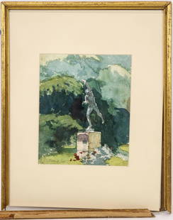 Statue Watercolor Painting, Signed Original [147391]: Framed watercolor of a statue, signed by Fortune? 1895. Frame 13.5x10.5" needs repair. City: State: Date:1895