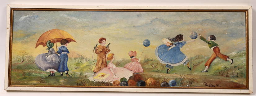 Steinle & Burton Original Paintings (2) [146567]: Two original paintings in frames. 1.) Children at play outdoors in period clothing (1800s or Victorian era) measures 24.75" x 8.75" overall size. Signed by artist Burton 41. 2.) "Gulls" by Pat