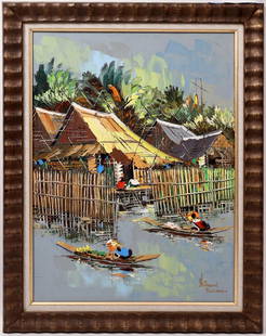 Thailand / Burma Original Oil Painting by Kitilern Muhummad [146552]: Far Eastern River Village Scene 21 x 27" beautifully framed original oil by Kitilern Muhummad. C1970s. In this view of a far eastern river village Muhummad uses a combination of broad palate strokes