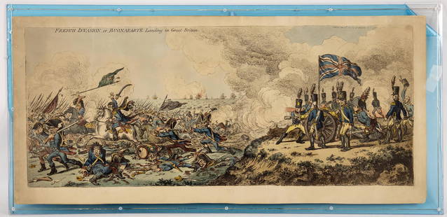 French Invasion of Buonaparte Landing Cartoon Illustration [148589]: Illustrated cartoon rendition of the unsuccessful French Invasion of Buonaparte landing in Great Britain. Housed in a hard plastic frame, 30 x 15 inches. City: State: Date: