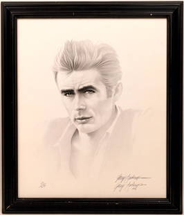 James Dean Sketch Signed by Artist [141061]: A 22 x 26-inch pen & ink sketch of iconic actor James Dean. This is an artist signed and numbered 145/250 copy and is framed and mounted. Although Dean made only three films (and appeared in several