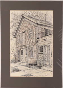 Sara Sisson Bagley Original Artwork Pen & Ink [148096]: Original pen and ink drawing by Sara Sisson Bagley, an artist from Michigan. This drawing depicts a wooden house with some barren trees and shrubbery around it. The handwritten caption on the back