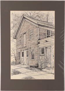 Sara Sisson Bagley Original Artwork Pen & Ink [148096]: Original pen and ink drawing by Sara Sisson Bagley, an artist from Michigan. This drawing depicts a wooden house with some barren trees and shrubbery around it. The handwritten caption on the back