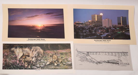 Alaska Art Prints (8) [146591]: Collection of eight art posters of Alaska.A) Two prints from the Anchorage Daily News. The first is titled "Moonrise over Anchorage" and was photographed by Bob Hallinen. The second is titled "Libby