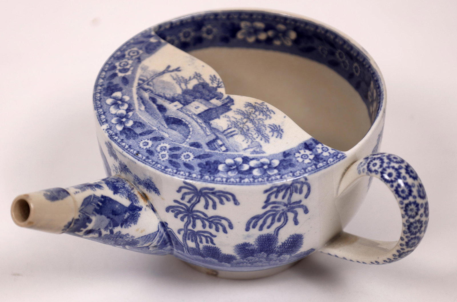 Blue & White Transferware Spode Porcelain Invalid Feeder Cup - Early! RARE! [141530]: 4" diameter on top, 2.75" high and 5.5+" wide with spout. Made by Spode before they became Copeland & Garrett. Spode's Tower Pattern is a country scene with a bridge in front of a castle and country h