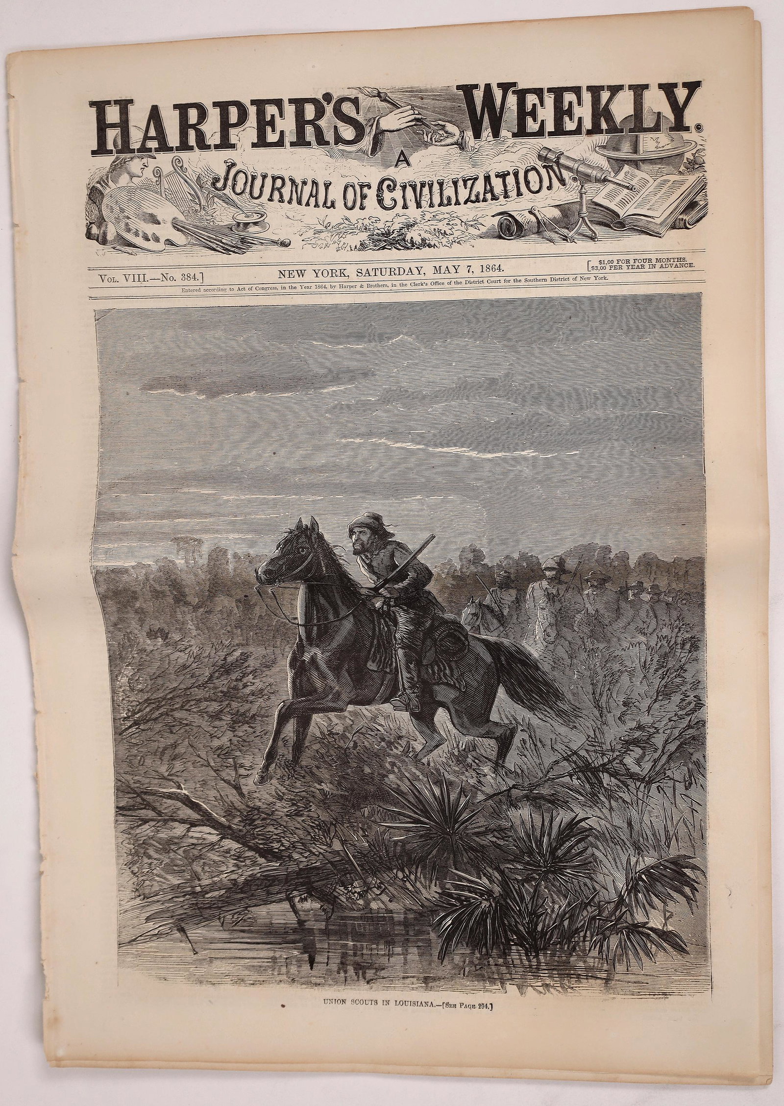 Harper's Weekly Civil War May 7, 1864 [147039]: Fourteen page issue of Harper's Weekly, New York, May 7, 1864 with news of the Civil War and a cover illustration of Union Scouts in Louisiana. In good condition. City: State: Date: