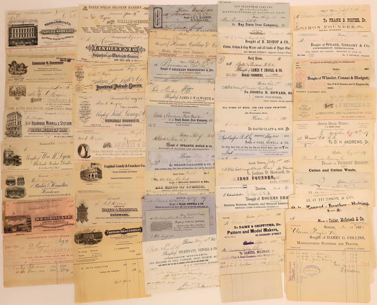 Billhead Group [147010]: Group of 66 billheads from the 1840s-1900s.A) 16 pictorial billheads from companies in Sacramento. These companies are mostly hardware, grocery, or general stores. Most are from 1882-1883.B) 42 billhe