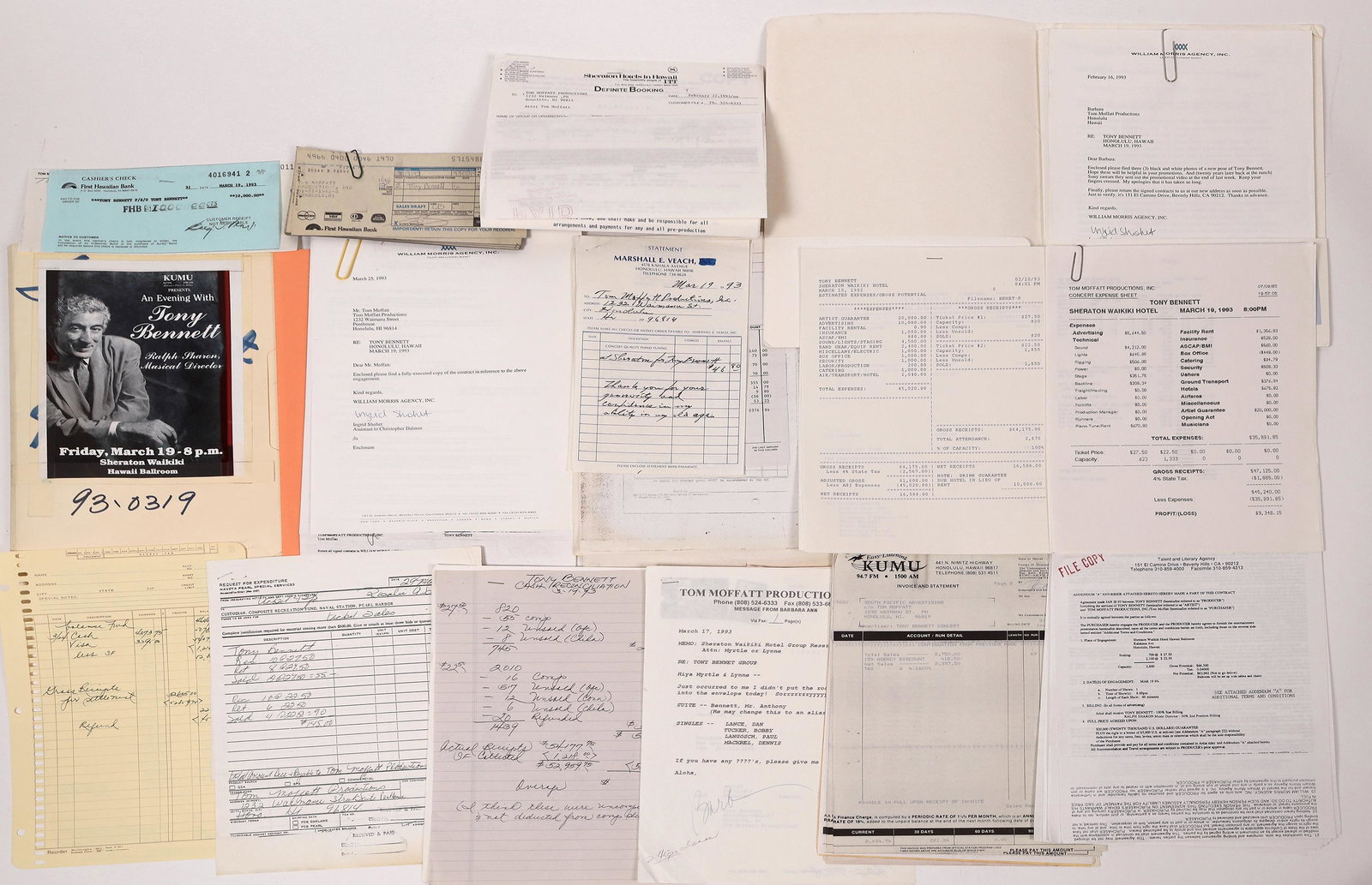 Tony Bennett Concert Promotion File; 1993 [146401]: This is a file of documents related to a Tony Bennett concert at the Sheraton Waikiki in Honolulu, Hawaii on March 19, 1993. This file is from the well-known concert promoter and music producer, Tom M