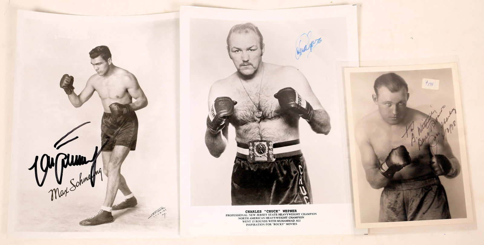 Heavyweight Boxers Signed Photos (3) [128182]: This noted trio of noted heavyweight boxers, includes Chuck Wepner, who fought Muhammed Ali in 1975, losing in the 15th round, after knocking the Champ down in the 10th. Next, we have Jack Sharkey, th
