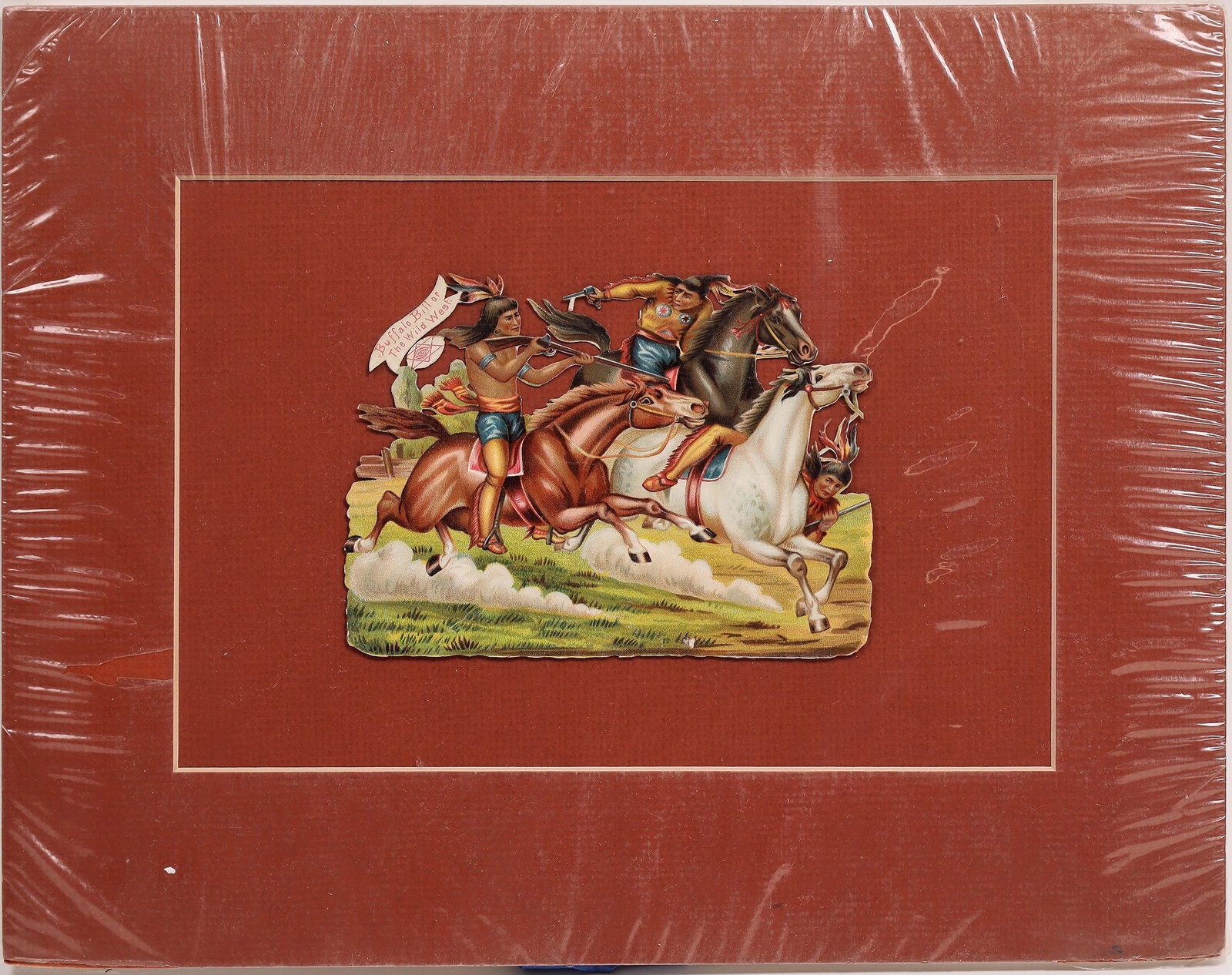 Buffalo Bill Original Diecut [150310]: Nice original diecut with "Buffalo Bill or The Wild West". 3 Indians, 2 horses. 4.25x6" State: City: Date: Provenance: Stuart MacKenzie Montana Collection
