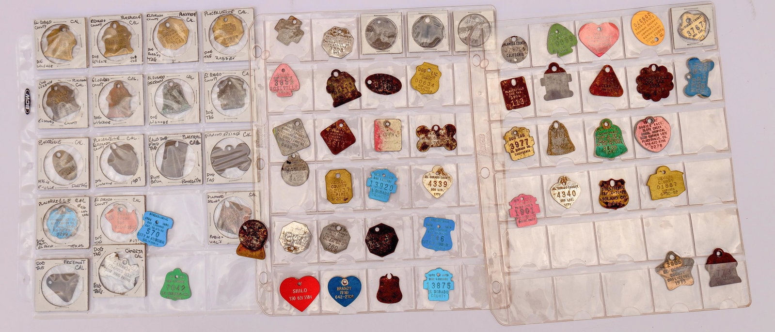 Dog Tag Collection (66) [150140]: Lot of 66 dog tags, most from El Dorado County California, Placer County. Heart shaped, bone shaped, square, round, oval, scalloped. A large collection. State:California City: Date: Provenance: