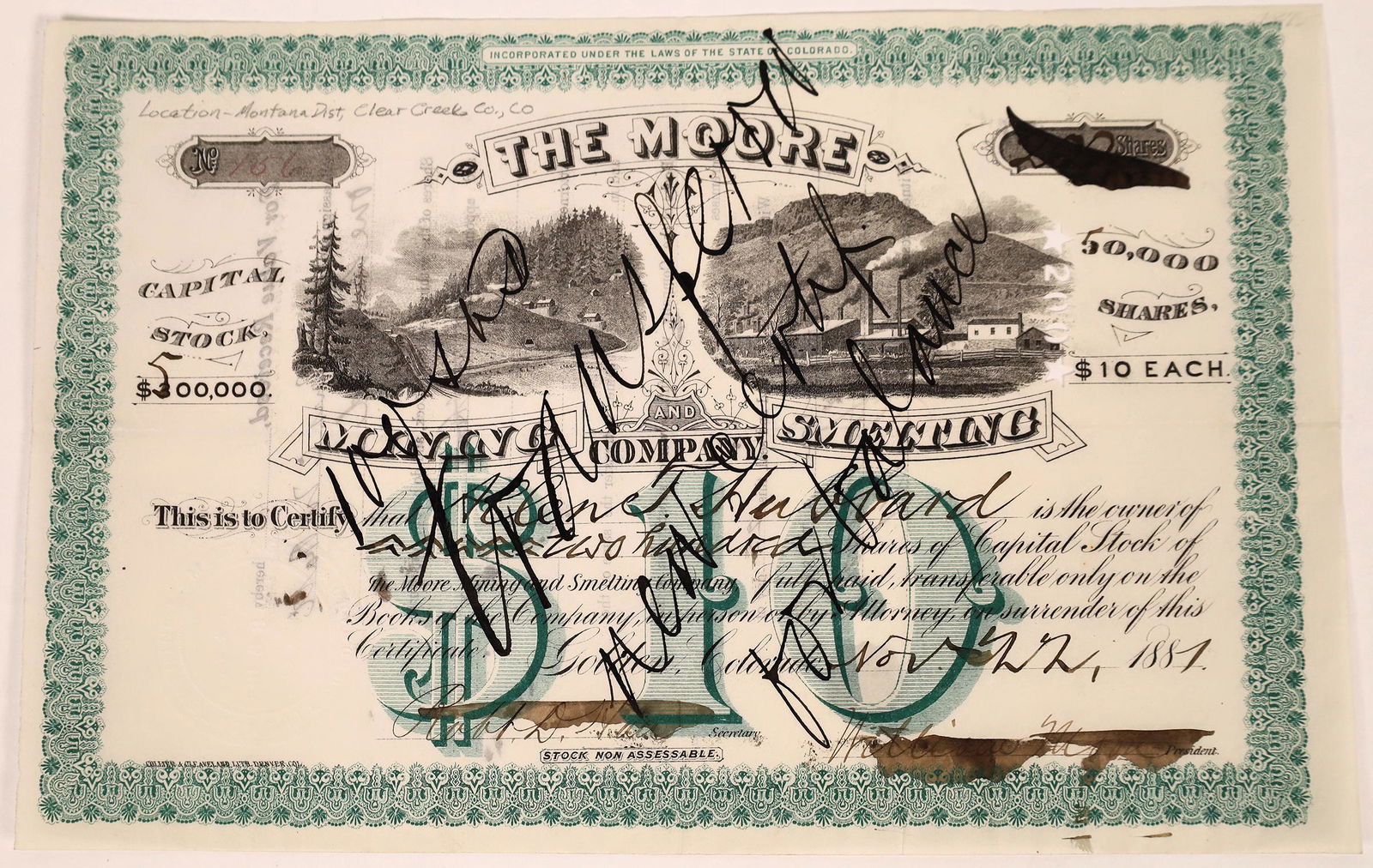 Moore Mining and Smelting Co. Stock Certificate [123586]: Rare. No. 156. Ink and punch cancelled. Issued for 200 shares to Allen Hubbard on Nov. 22, 1887. Signed by president (William Moore) and secretary, but names have been inked over. Company seal at lowe