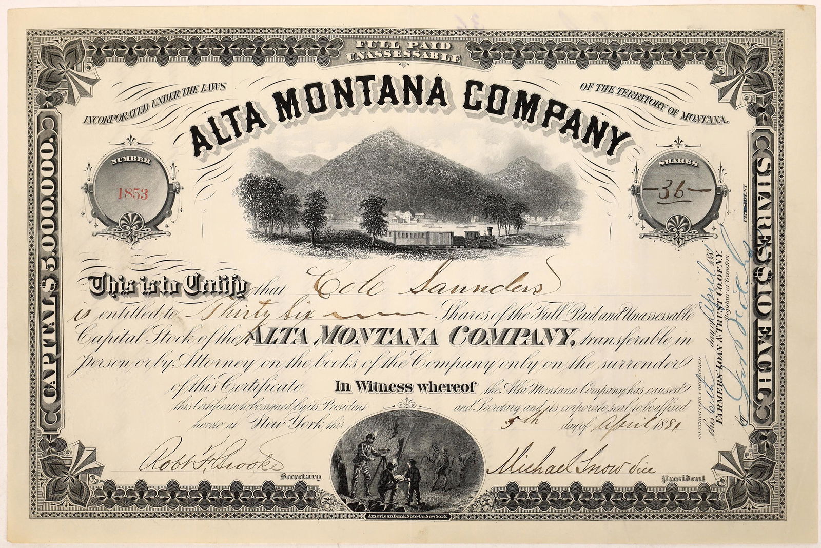 Alta Montana Company Stock Certificate [128116]: Issued Cole Sanders, 36 shares at $10 per by Alta Montana Company. Signed by Robert Brookes, secretary and Michael Snow, vice president. Vignette shows locomotive steaming by a large mountain, while a