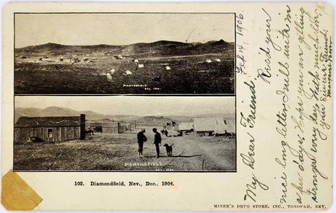 Diamondfield, Nevada Postmark on Diamondfield Postcard [144089]: Rarity-6. Excellent strike - a little light. Year in postmark is 1905, but it should be 1906. Two long rectangular views: 1) overview of city and 2) two prospectors (is one Diamond Jack Davis?) on mai