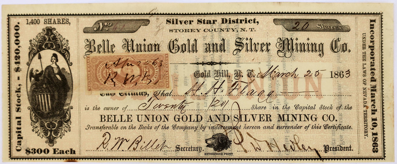 Belle Union G&S MC Stock - Issued to H. H. Flagg Gold Hill Banker [144159]: # 61 for 20 shares to H. H. Flagg. Signed by R. W. Billet (who Mark Twain called a highway robber) and President P. W. Hedley. Dateline March 25, 1863, Gold Hill, N. T. 1863. Incorporated March 10, 18
