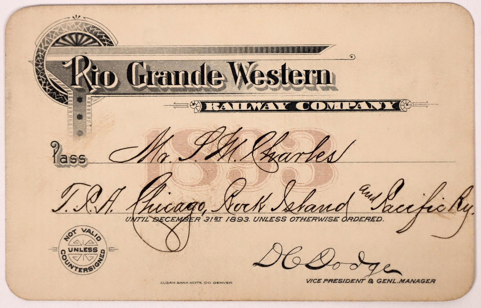 Rio Grande Western RR Pass signed by D.C. Dodge 1893 [151460] (1 of 2)