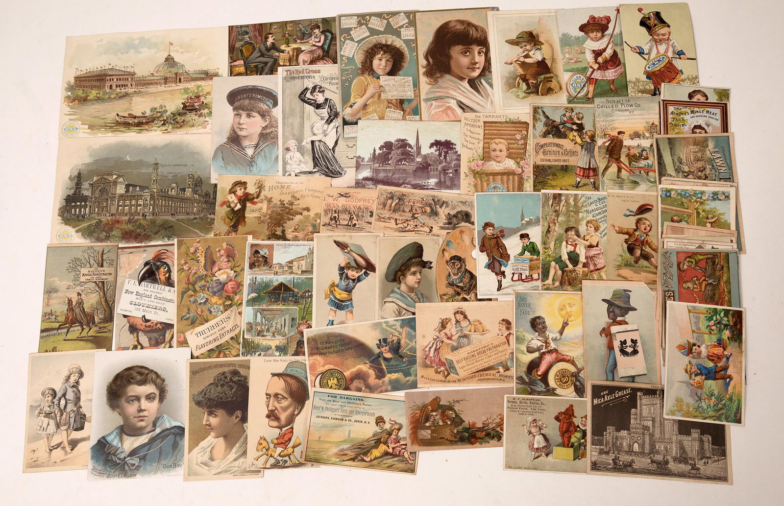 Trade Cards Including Columbian Expo, 40 [153389]: About 40 trade cards. Medicine, shoes, insurance, starch, corsets, cotton, lawn mower. 3 gun dealers, large Columbian expo.Date: Country (if not USA): State: City: Provenance: