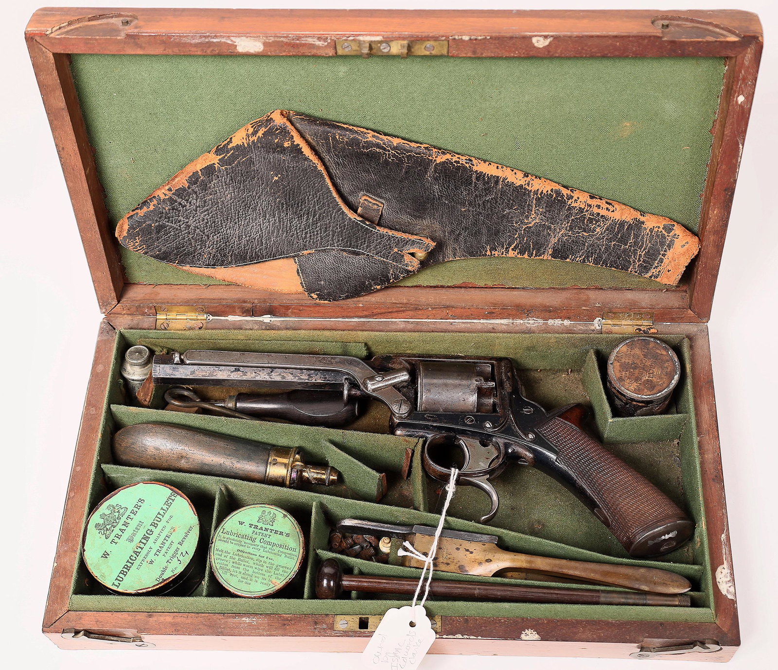 Confederate Tranter Revolver in the Blue with Case and Holster [152261]: This is a Tranter double action 3rd model revolver in blue, 5 shot cylinder in .44 cal. with a 6 in. barrel from 1856. S/N 14775T with case and holster previously carried by Col. Isaac Edward Clark du