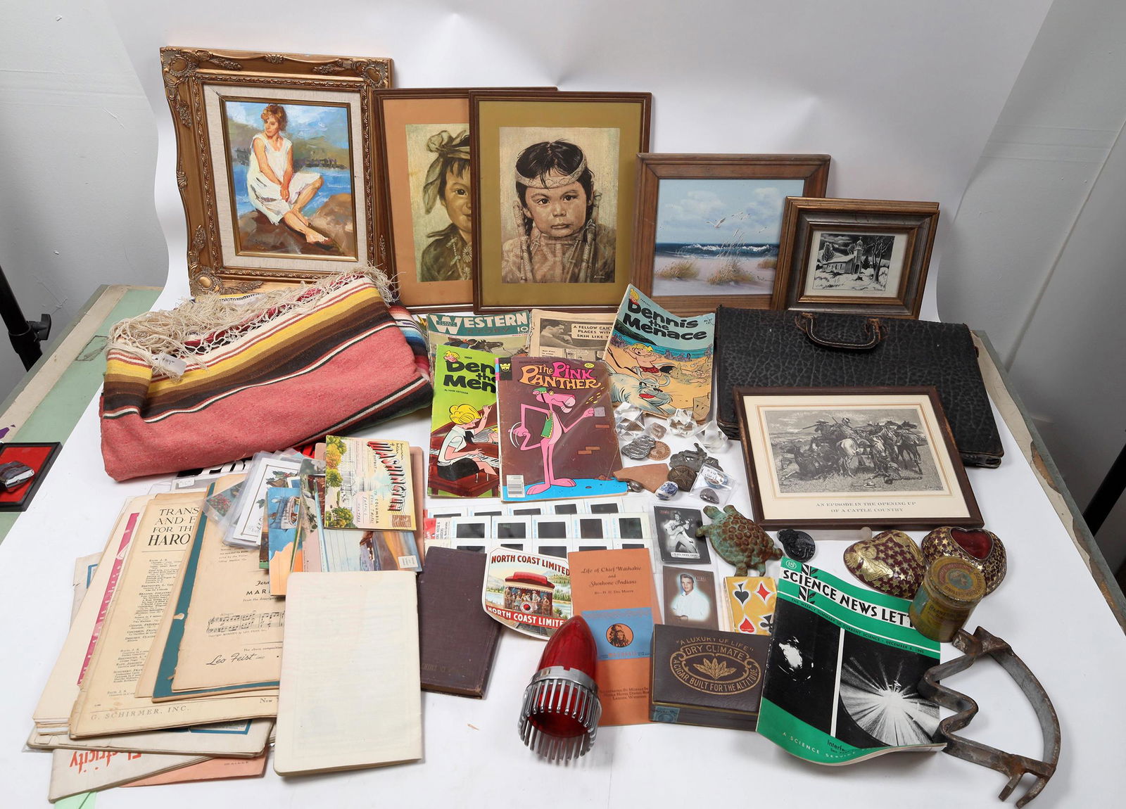 Antiques Grab Box [152774]: Interesting mix. 1958 Cadillac bullet tail light. Old advertisements, W branding metal, sheet music, The Electrical Experimenter 1916 x2 with Tesla Coil photos, Dry Climate cigar box, Plaster Paris Ba