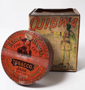 Tobacco Tins, 2 [154512]: 2 tobacco tins. Round Uncle Daniel Tobacco 8.25", bottom dent. Ojibawa Fine cut with Indian on label, paper mostly intact, 10.25x8x6.25", side dent.Date: Country (if not USA): State: City: Provenance: