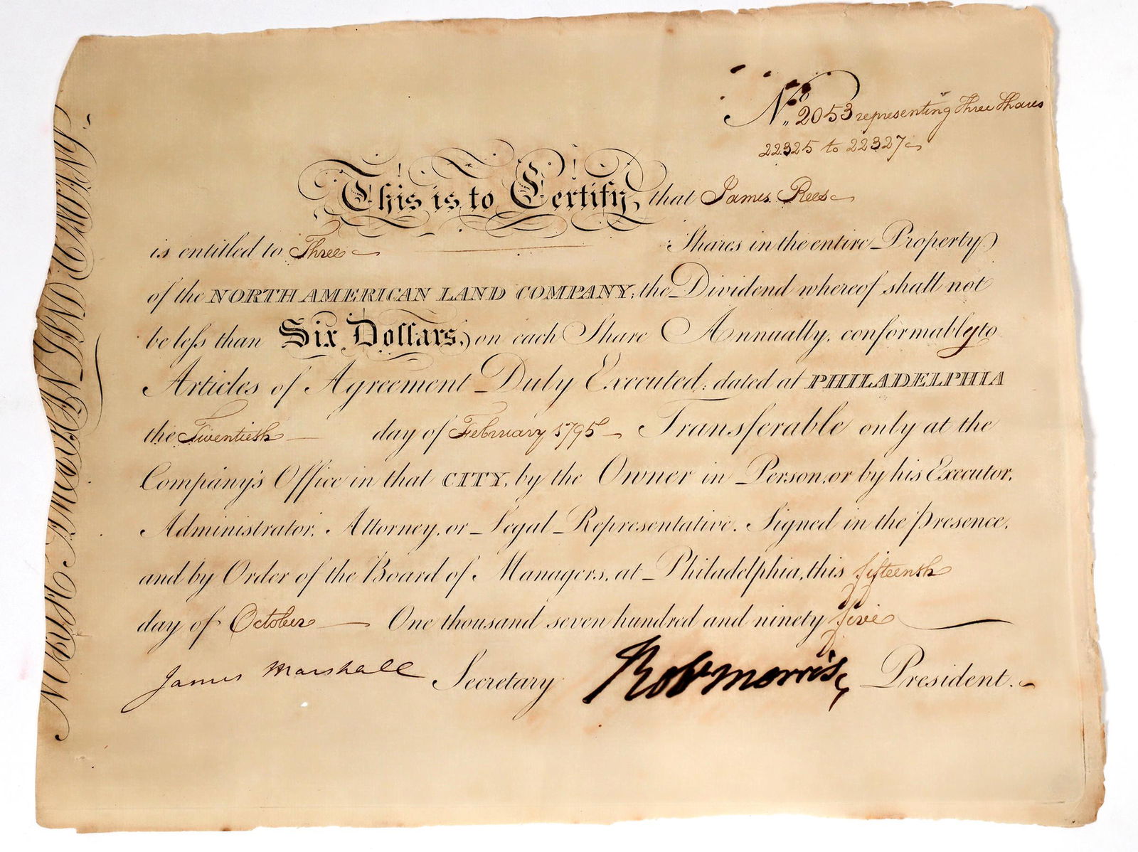 North American Land Co Stock Signed by Morris and Marshall [156001]: Certificate 2053 issued to James Rees for 3 shares of the North American Land Company, 1795. Not cancelled. Robert Morris, in addition to being a signer of the Declaration of Independence, was called