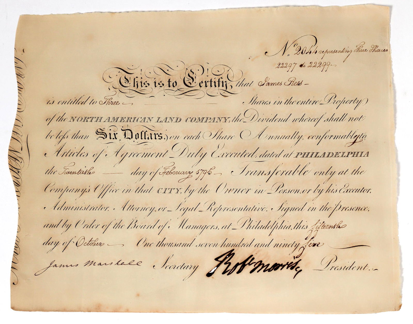 North American Land Co Stock Signed by Morris and Marshall [156002]: Certificate 2044 issued to James Rees for 3 shares of the North American Land Company, 1795. Not cancelled. Robert Morris, in addition to being a signer of the Declaration of Independence, was called