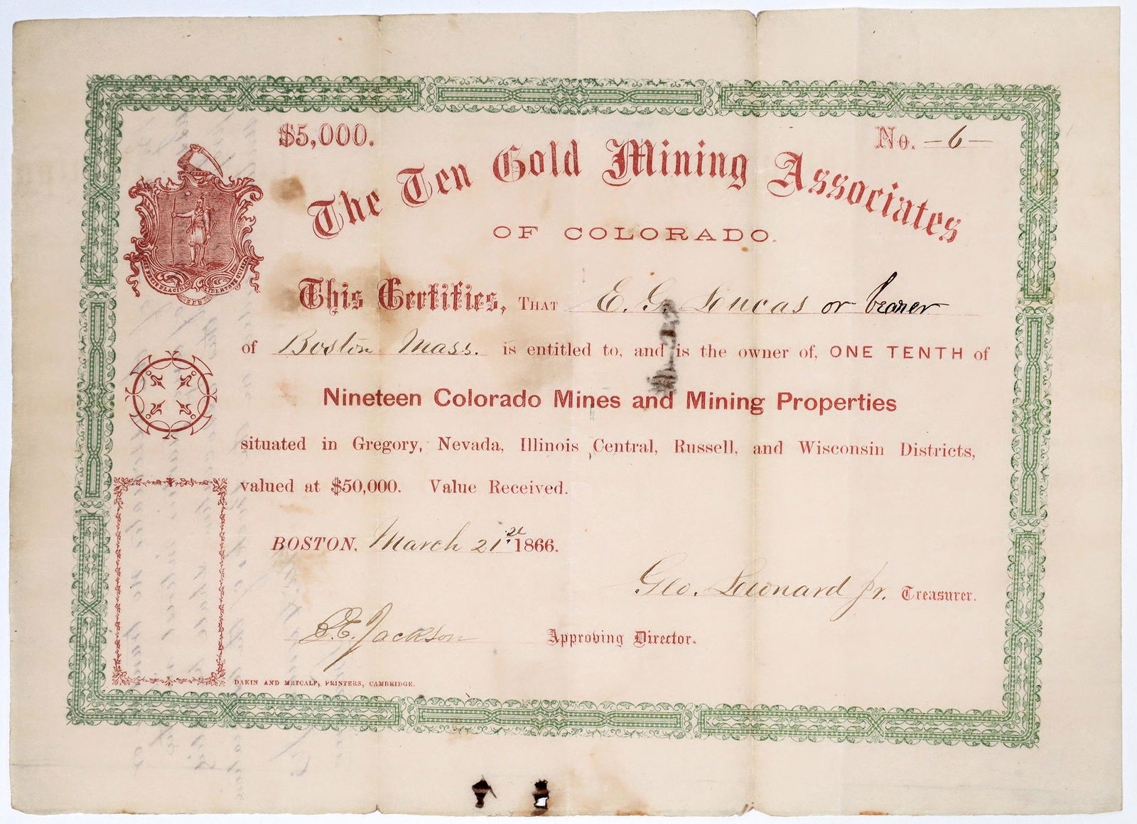 Ten Gold Mining Associates of Colorado Stock Certificate [155311] (1 of 1)