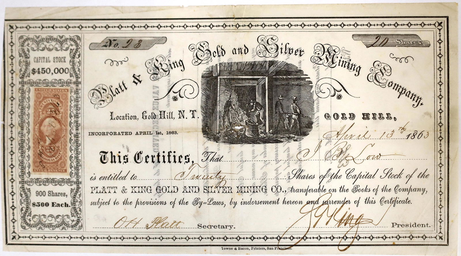Platt & King G&S Stock; Loomis square cut timbering vignette [144388]: Signed by Platt & King (rare to get both signatures on a dual named stock). # 23 for 20 shares to J. B. Low. Signed by O. H. Platt and president King. Namesakes for the company. Dateline Gold Hill 186