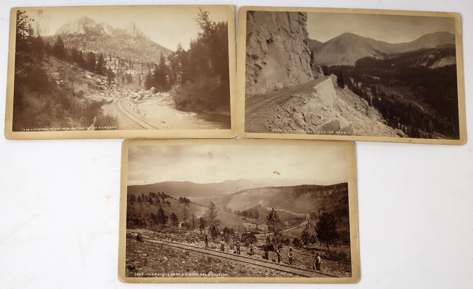 Denver, South Park & Pacific Railroad Views (3) [154420]: Lot of three different views of the Denver, South Park, and Pacific Railroad. These views are of the Palisades Alpine Pass, Marshall Pass Big Bend near Shirley, and Cathedral Peaks near Buffalo. All t