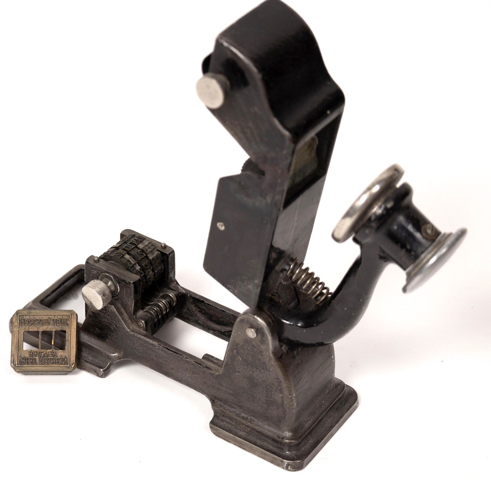 Great Northwestern Railroad Ticket Punch Canceller [152683]: Cast iron punch canceller with Great Northwestern Railway, Moccasin, Mont. ID plate. 5.75x8.25x3".Date: Country (if not USA): State: MontanaCity: Provenance: