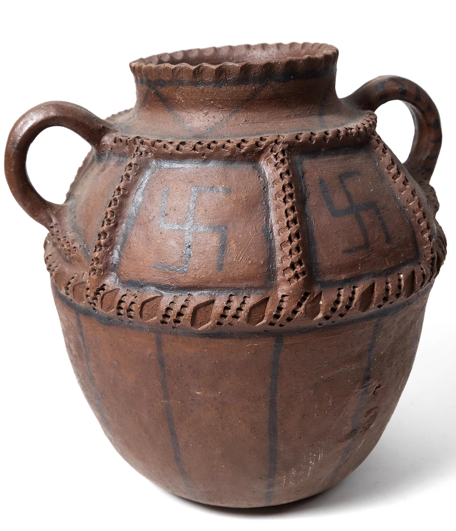 Native American Pottery; pre-1940s [154981]: Piece of Native American pottery, probably from a tribe in the American Southwest. There are several swastikas painted around the top of this jug. Before it became a symbol of hatred and evil associat