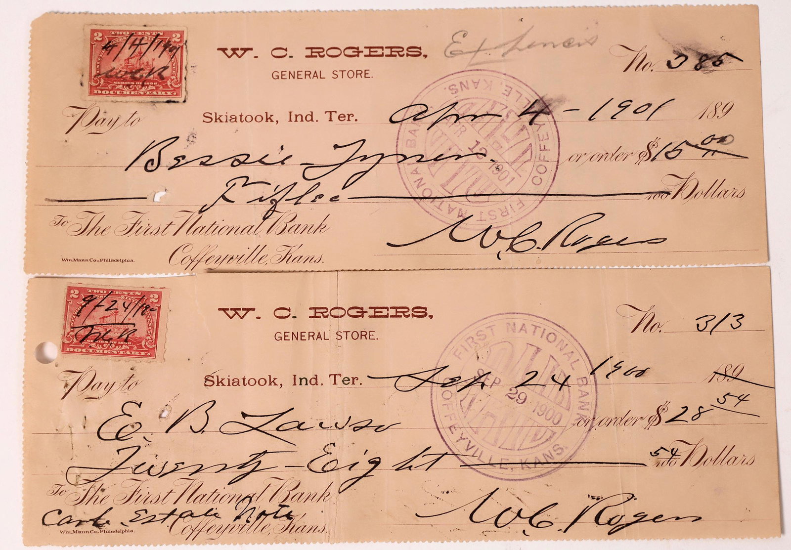 WC Rogers, Cherokee Chief, Signed Checks, 2 [153727] (1 of 1)