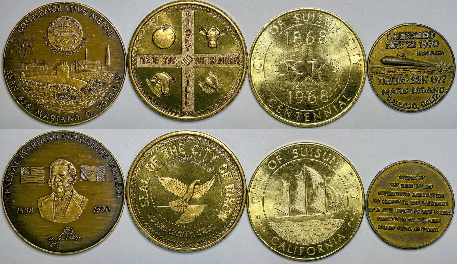 Vallejo/Dixon/Suisun Medals [152975]: Lot of four: 1968 Dixon Centennial; 1968 Suisun City Centennial; General Mariano Guadalupe Vallejo memorial medal; 1970 Mare Island Medal launching the Drum SSN 677, a Sturgeon Class Attack Submarine.